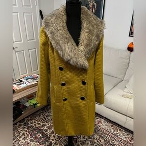 Merona Medium Faux Fur Double Breasted Mustard Yellow Coat M